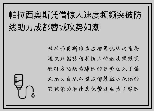 帕拉西奥斯凭借惊人速度频频突破防线助力成都蓉城攻势如潮 帕拉西奥斯凭借惊人速度频频突破防线助力成都蓉城攻势如潮