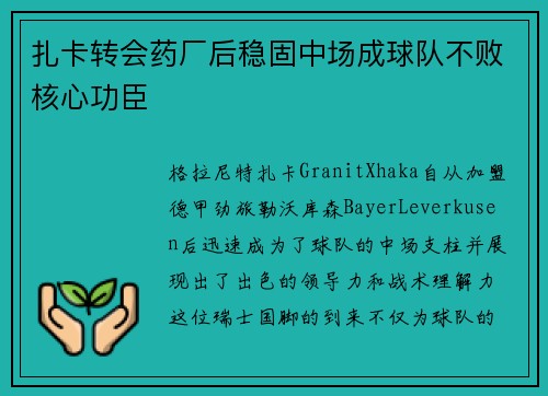 扎卡转会药厂后稳固中场成球队不败核心功臣 扎卡转会药厂后稳固中场成球队不败核心功臣