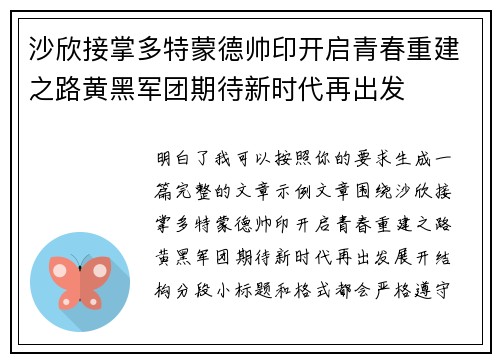 沙欣接掌多特蒙德帅印开启青春重建之路黄黑军团期待新时代再出发 沙欣接掌多特蒙德帅印开启青春重建之路黄黑军团期待新时代再出发