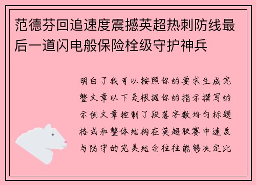 范德芬回追速度震撼英超热刺防线最后一道闪电般保险栓级守护神兵